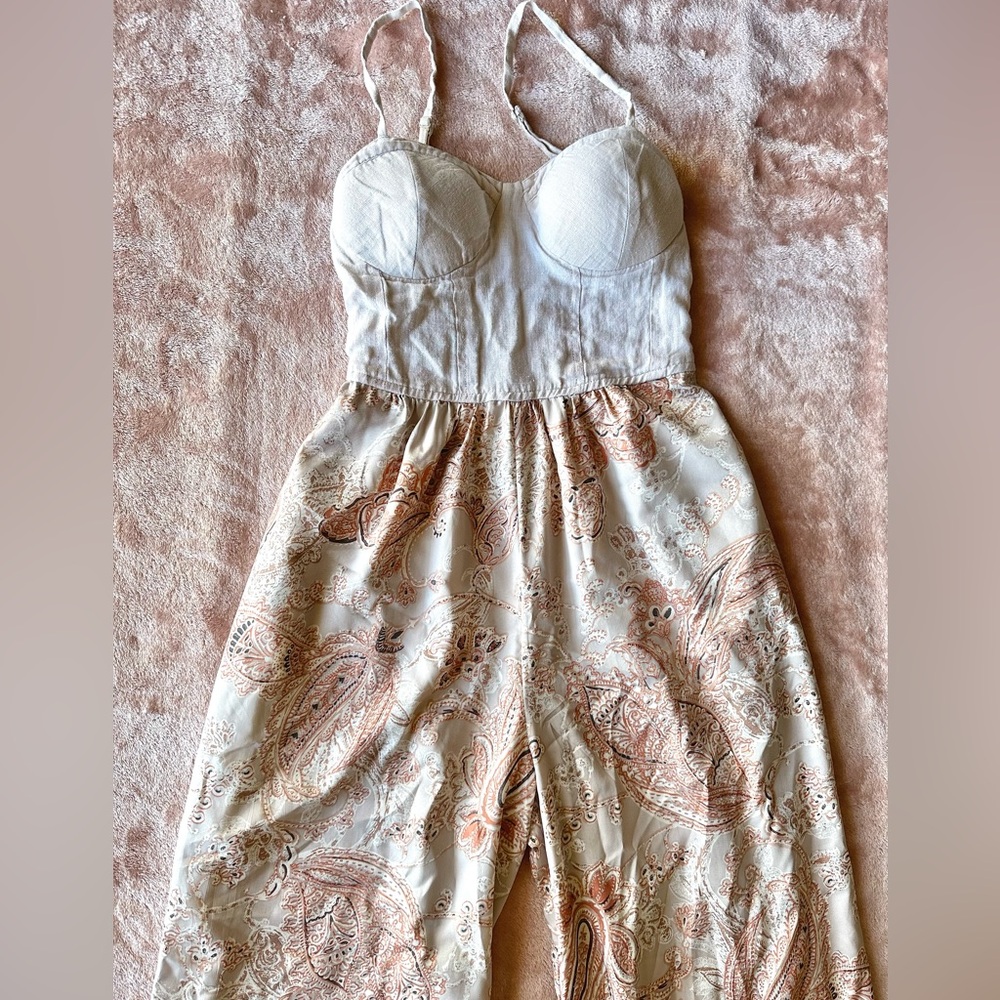 pretty one piece pant jumper wide leg dress pant paisley girly beige with pocket